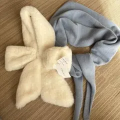 新品、未使用ホワイトファーリボンマフラー➕水色三角マフラー