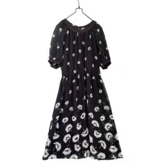 ヴィンテージ オーガンジー花柄 ロングワンピース 半袖 黒 M レトロ古着