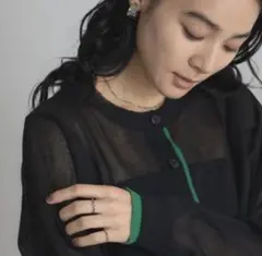 新品未使用　配色ライン入りシアーカーディガン