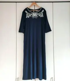 machiko jinto london コード刺繍 ロングワンピース ネイビー