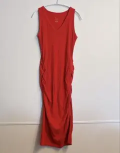 レッド ノースリーブ リブロングワンピース Vネック シンプル 無地 海外古着