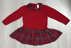 H&M 長袖ワンピース ドッキングワンピース 赤チェック 90cm