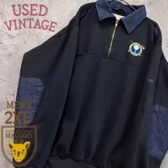 USA製 古着【ハーフジップ スウェット デニム襟 企業】刺繍ロゴ メンズ2XL