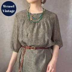 ヴィンテージ レトロ古着 ボタニカル総柄ワンピース 緑系 五部袖 半袖