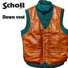 【極美品】schott ダウンベスト レザー Schott N.Y.C ベスト ジレ Schott/ショット/LEATHER PADDING