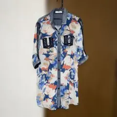 花柄デニムシャツ 五分袖