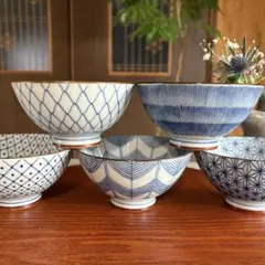 美濃焼　飯碗　5柄セット　五客揃　総柄　内絵　網模様　十草　矢絣　麻の葉　和食器