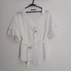 【わけあり】Heather フリル袖 スキッパー　　シャツ 半袖 ホワイト 白