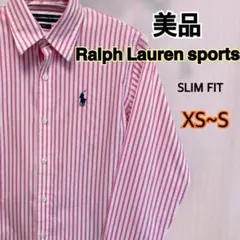 【美品】ラルフローレンスポーツ 長袖ストライプシャツ ポニー刺繍 ピンク綿