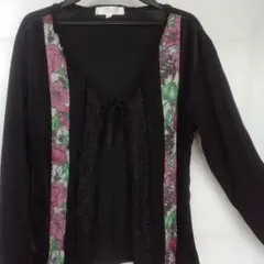 CINEMACLUB花柄デザインの黒い長袖カーディガン　ML 春秋