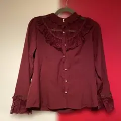 ボルドー レースフリル 長袖ブラウス