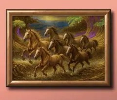 幸福と開運を呼ぶ7頭馬　すぐに飾れる額縁付き　幸福のグラフィックアート