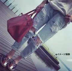 ビンテージ風 ダメージ加工ジーンズ デニム ボーイフレンドパンツ 美脚 脚長効果