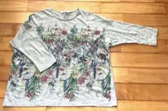 美品　レディース　トップス　Tシャツ　七分袖　グレー　花柄　サイズL