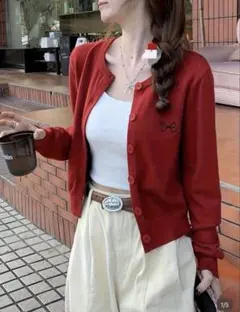 赤 ニット カーディガン 長袖