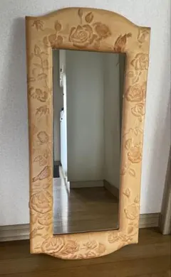 ハンドメイド　レザークラフト　壁掛け大型ミラー　姿見　ウォールミラー　花模様