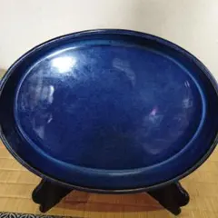 【758】濃紺 楕円形花器水盤未諸流、小原流、草月流