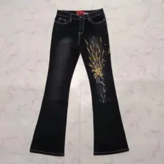 00s【archive】ブーツカットデニム/花火刺繍/ストレッチ/黒/Y2K
