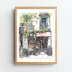 A4　フランスの街角に佇むパン屋　水彩画アート｜ヨーロッパの風景｜　インテリア