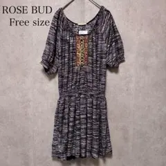 ROSE BUD ワンピース フリーサイズ エスニック レースアップ 総柄 半袖