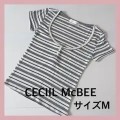 ＊セシルマクビー：サイズM：白色と黒色のボーダー柄の半袖Tシャツ＊