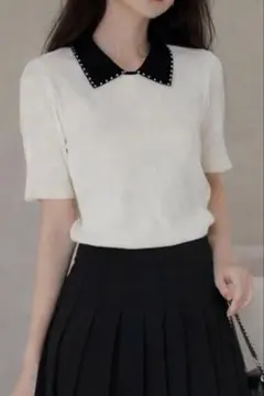 Te chichi パール襟 バイカラーリブニット 半袖 アイボリー 上品