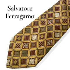 Ferragamo フェラガモ ブランド ネクタイ シルク100 総柄 ブラウン
