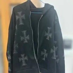 黒 十字架モチーフ 地雷 量産 y2kフルジップパーカー