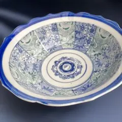 (675箱15)アンティークな青と緑の花柄 陶器皿