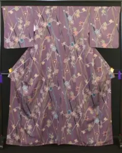 新品未使用★洗える着物 袷 小紋【上品な紫×古典四季花】東レシルック風 高級ポリのサムネイル