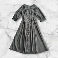 【ZARA trf】ウエストタック Vネック ロングワンピース カーキM