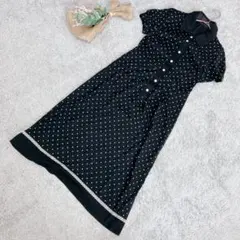 C58【AMACA】黒のドット柄/半袖シャツワンピース/38/ロング丈/切替