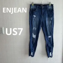 ENJEAN ダメージスキニーデニム US7 フリンジ裾 ストレッチ