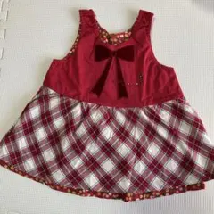 美品　うさぎ刺繍 ワンピース 赤 80 チェック リバーシブル 花柄