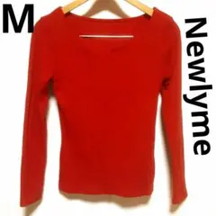 【セール】Newlyme Vネック細リブ長袖トップス レッド Mサイズ