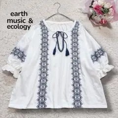 【アースミュージックアンドエコロジー】刺繍フリンジ　半袖プルオーバーブラウス　白