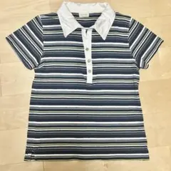 薄手コットン ネイビー系 ボーダー衿つき半袖Tシャツ 半袖ポロシャツ 紺色