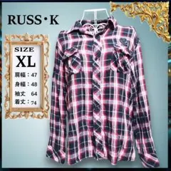 RUSS・K 赤黒 チェック柄 長袖 シャツ エンブレム ワッペン付き XLのサムネイル