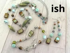 【C046】ishラリマータンブル・チェコビーズネックレス＆ブレスレット＆ピアス