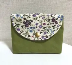 ハンドメイド 蓋付きポーチ ポーチ 花柄 カーキ