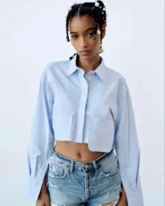 ZARA ザラ クロップド丈 オックスフォードシャツ ブルー Mサイズ