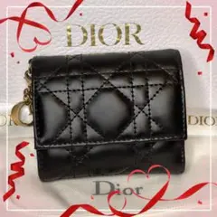 【美品】ディオール 三つ折財布 ロータス カナージュ エナメル ラムスキン／黒J