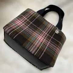 帆布使いトートバッグ=秋・冬バージョンタータンチェック茶系×桃×青