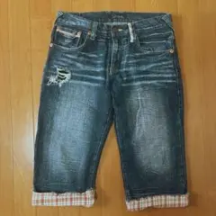 Daminate デニムハーフパンツ M ダメージ加工 チェック柄 W78のサムネイル