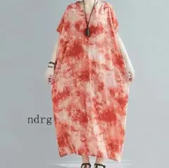 ロングワンピース オレンジ 赤 タイダイ柄 ゆったり Vネック 休日コーデ $