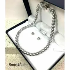 ♦️新品本貝パールネックレスとピアス♦️天然貝真珠ライトグレー8mm42㎝♦️