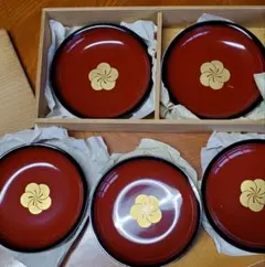 漆器 銘々皿 菓子皿 梅柄 朱色 5枚セット 木箱入り