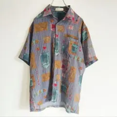 【レトロ古着・日本製】BOLCHEVIK 総柄 半袖シャツ アート柄 M