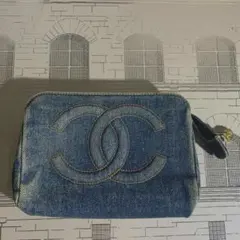 CHANEL●香奈兒 經典雙C標誌 牛仔布化妝包