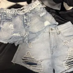 デニムショートパンツ ライトブルー ダメージ加工